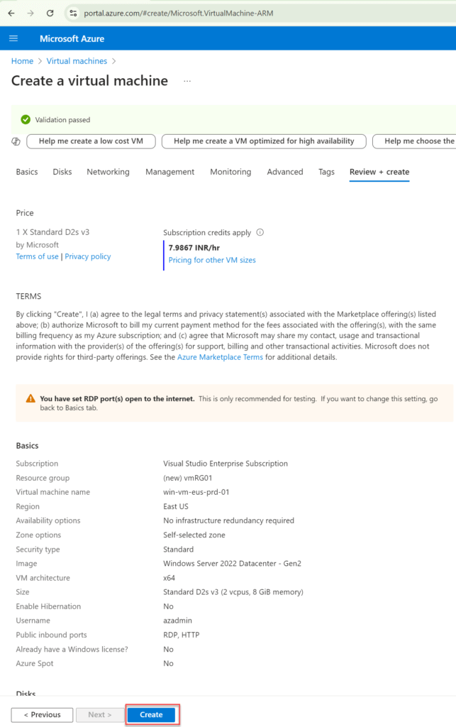 Create Azure Virtual Machine using Azure Portal