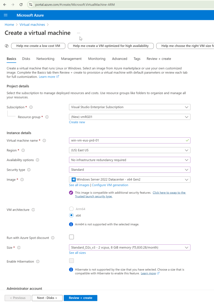 Create Azure Virtual Machine using Azure Portal