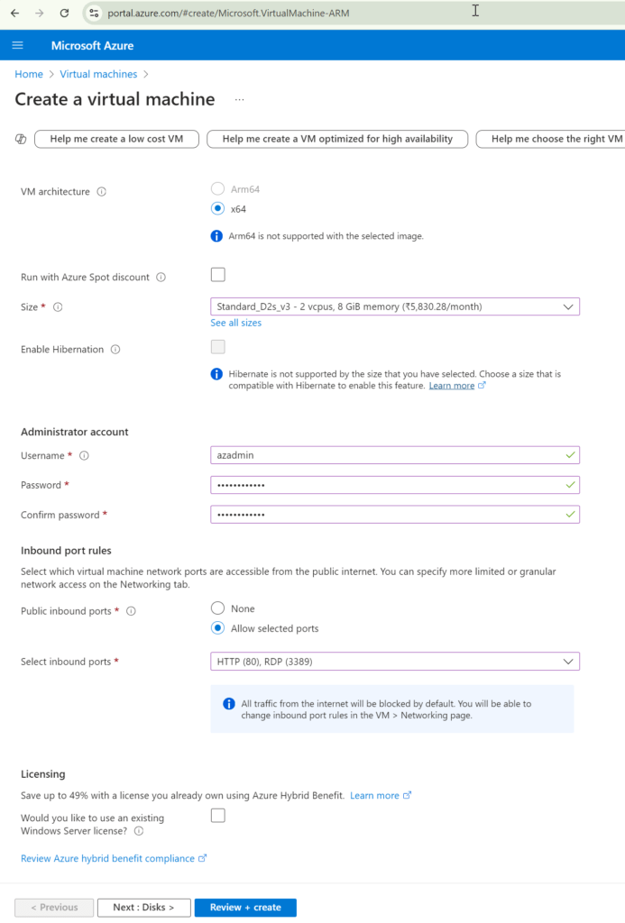 Create Azure Virtual Machine using Azure Portal