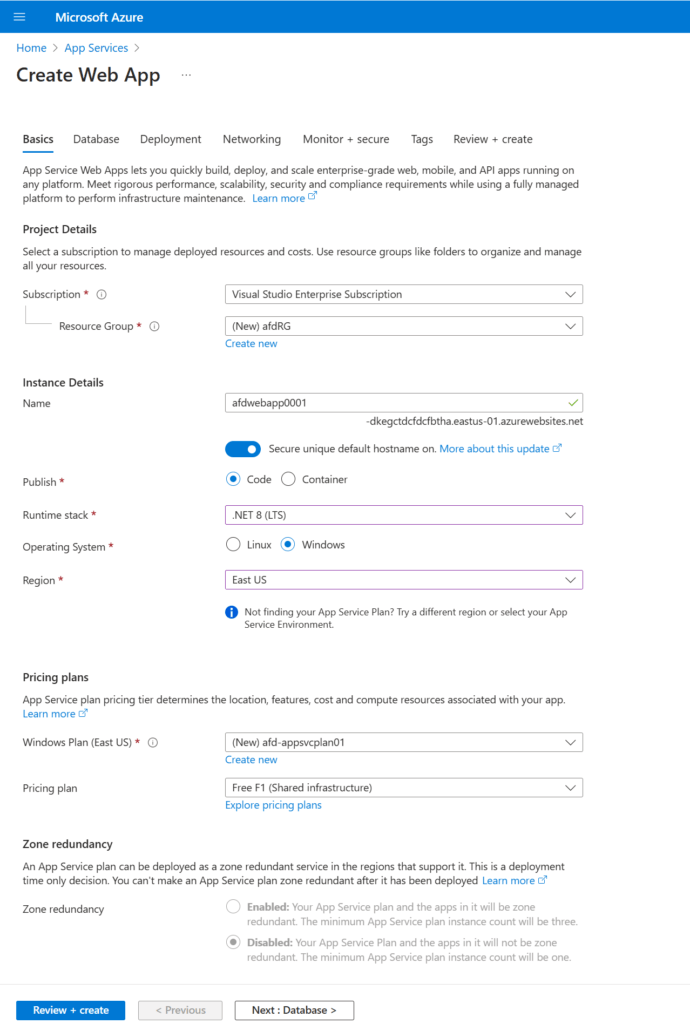 Steps to create Azure Web App using App Services